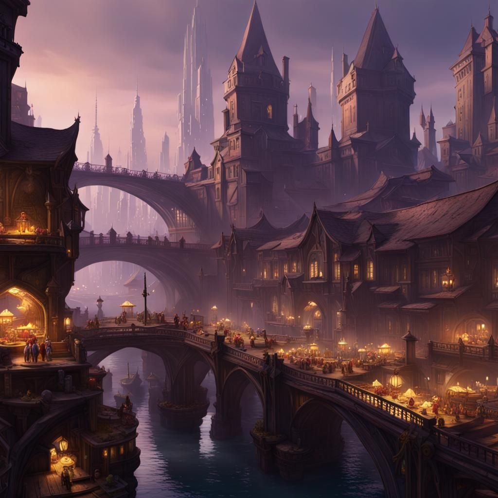 a city made of multiple bridges with a market and places to ...