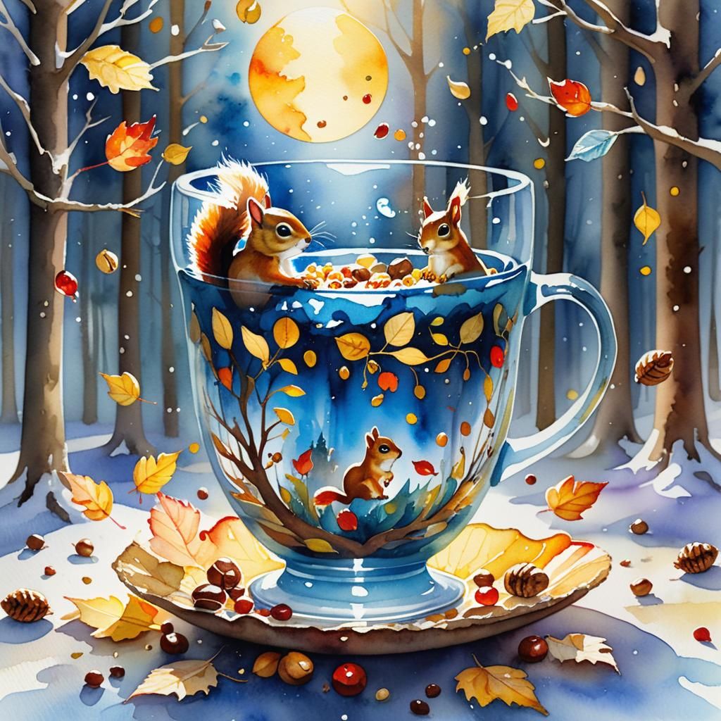 Squirrel in a Cup: Whimsical Watercolor Autumn Scene