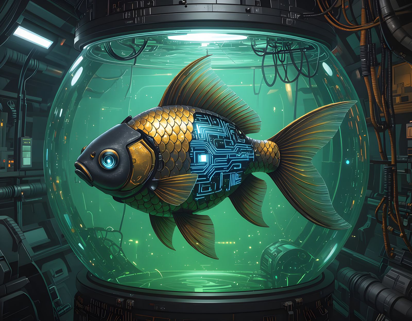 Biomechanical Goldfish in Sci-Fi Bowl: Giger Hyperrealism