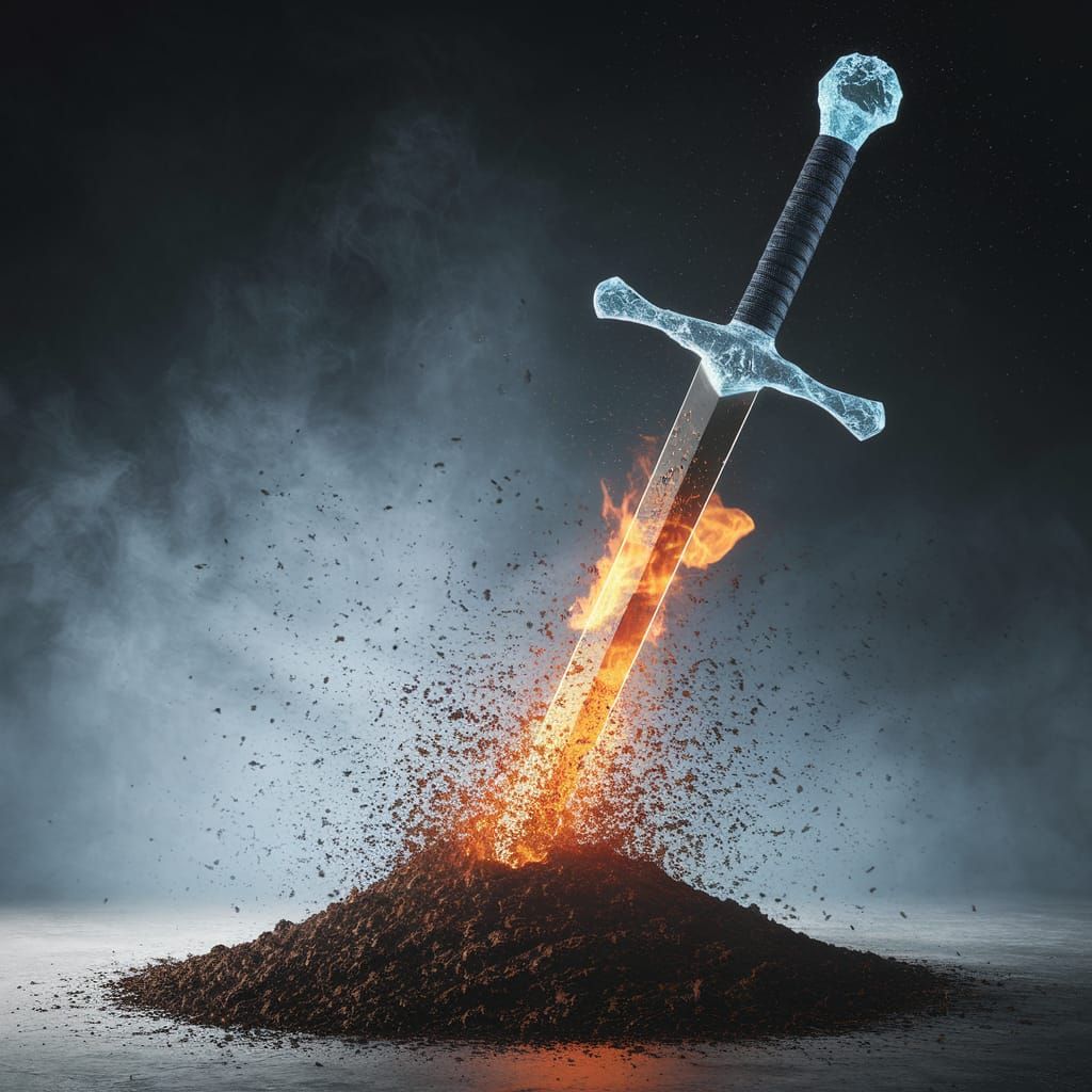 Sword. Handle made of Ice. Blade made of fire, Falls into a pile of soil. Soil fly through the misty air.