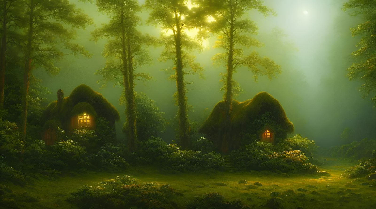 Cozy Hut in Ancient Forest: a Kinkade-esque Fantasy