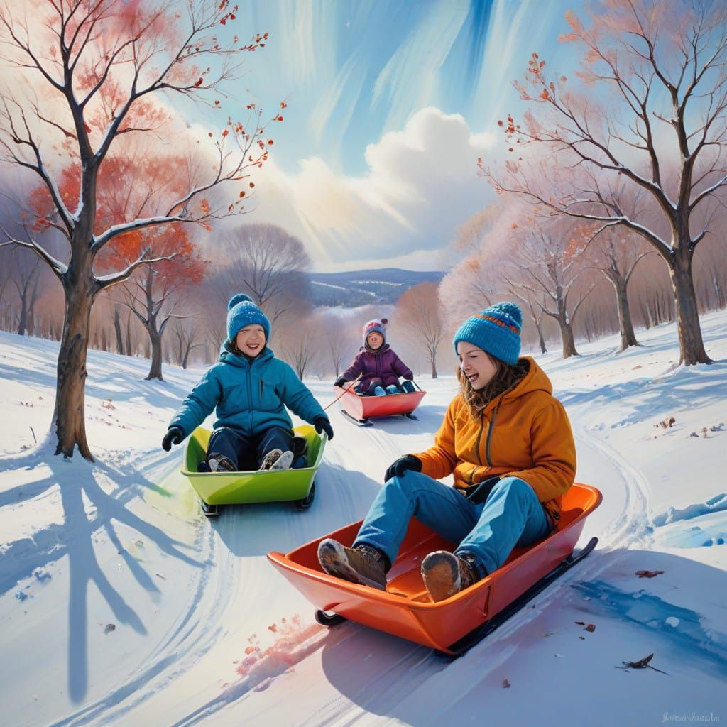 Joyful Children Sled Down a Snowy Hill in Dreamy Alcohol Ink
