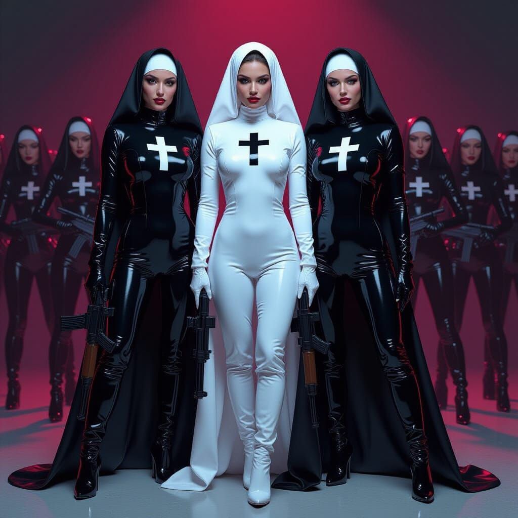 Army of Latex Nuns With AK-47s in High-Contrast Style