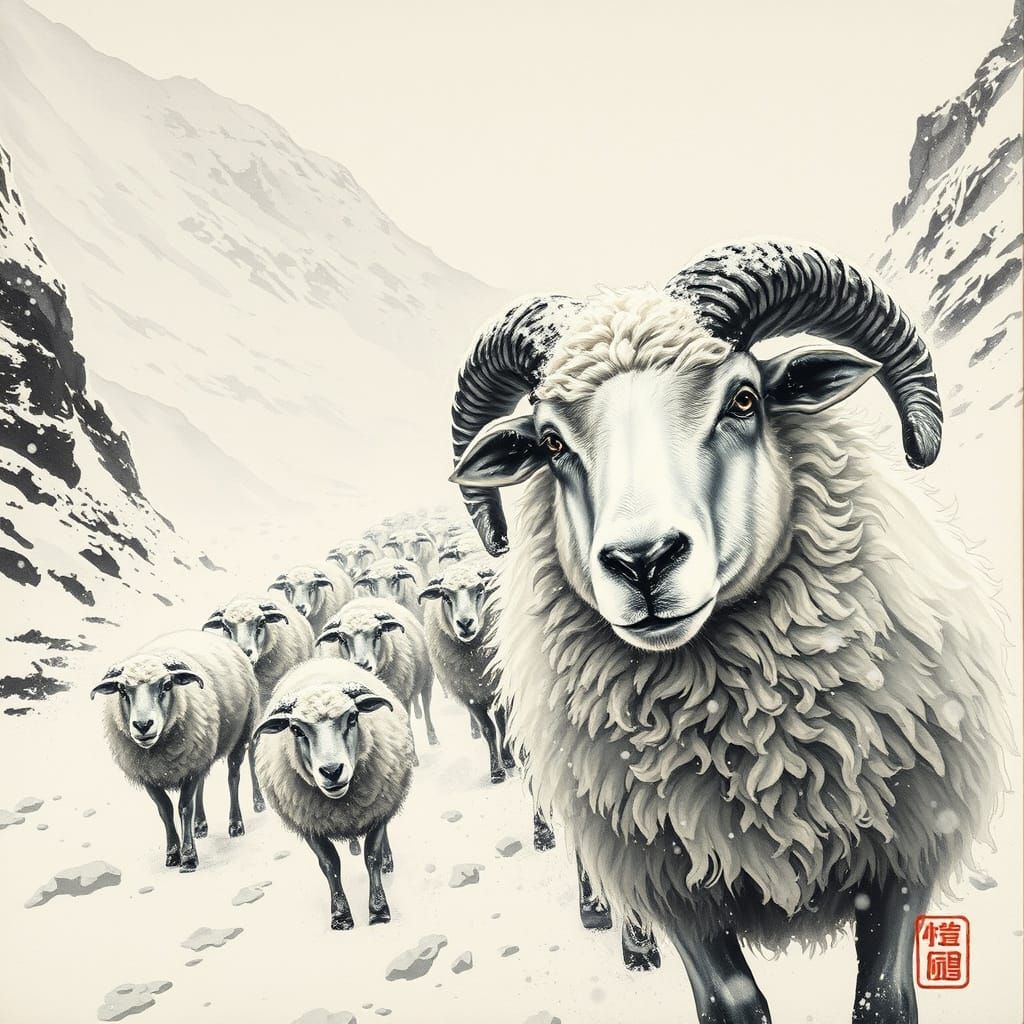 Alpha Sheep Leads Herd Through Snowy Pass