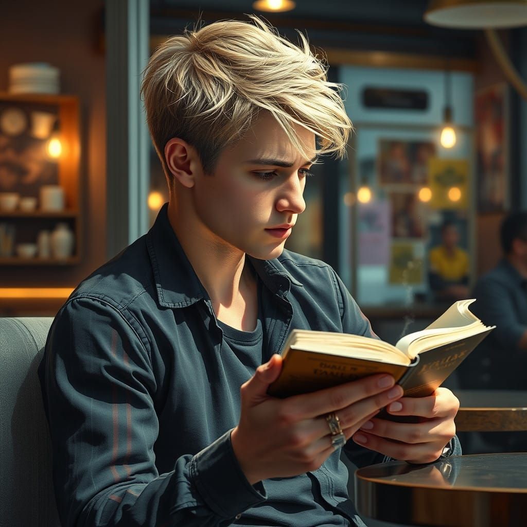 A handsome 20-year-old man with short blonde hair sitting in a coffee shop, reading a book.