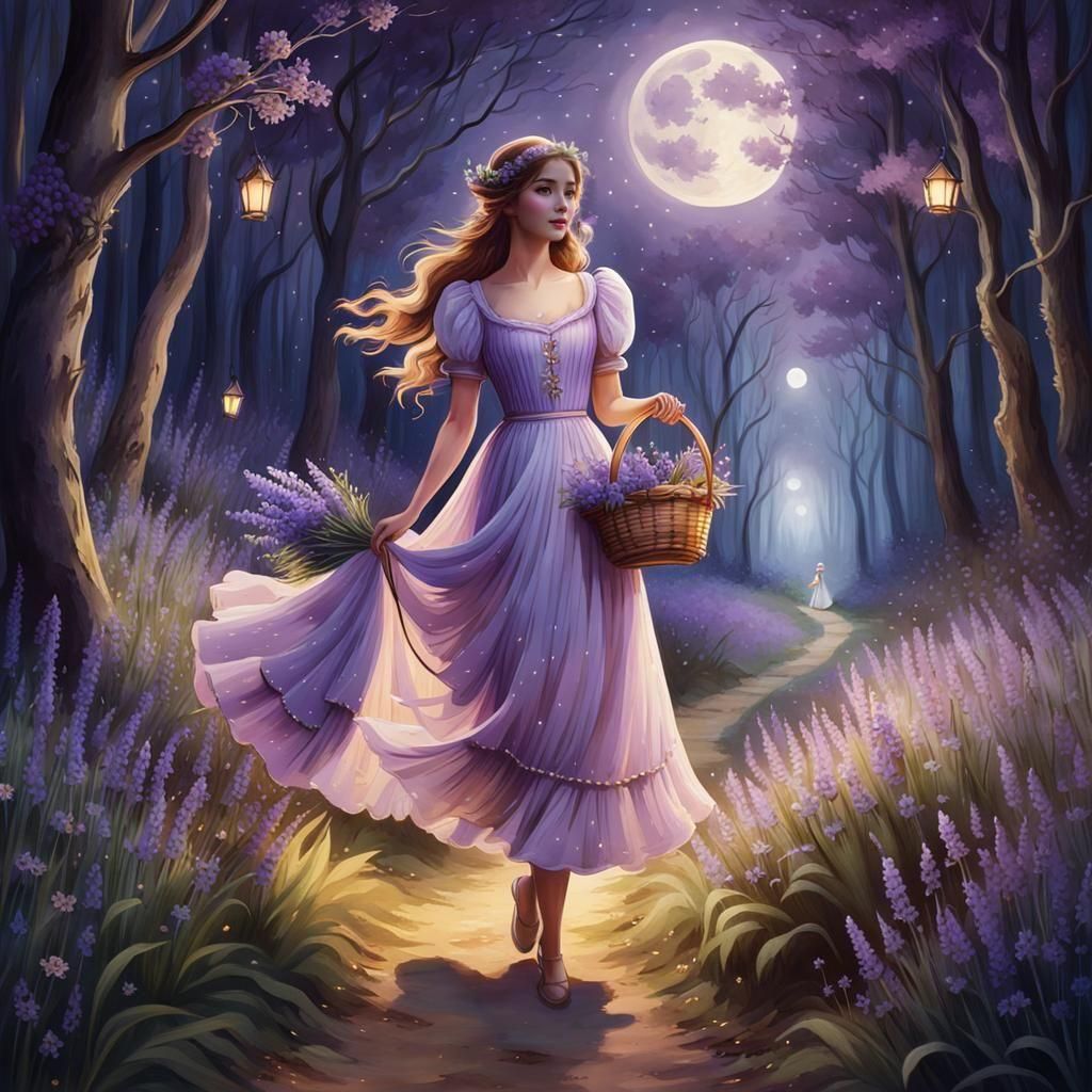 Maiden with Flowers on Magical Forest Path