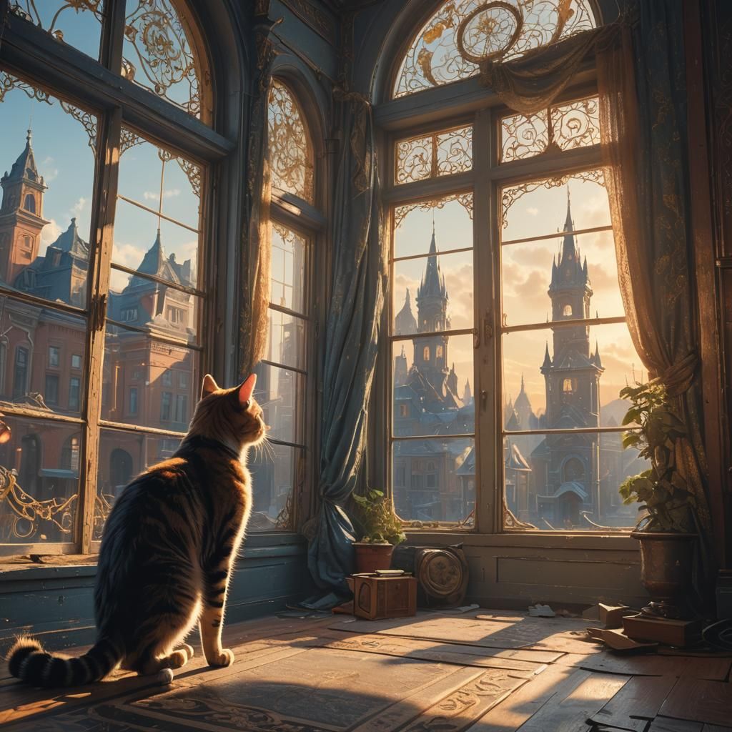 Cat on Ornate Window Frame in Digital Painting