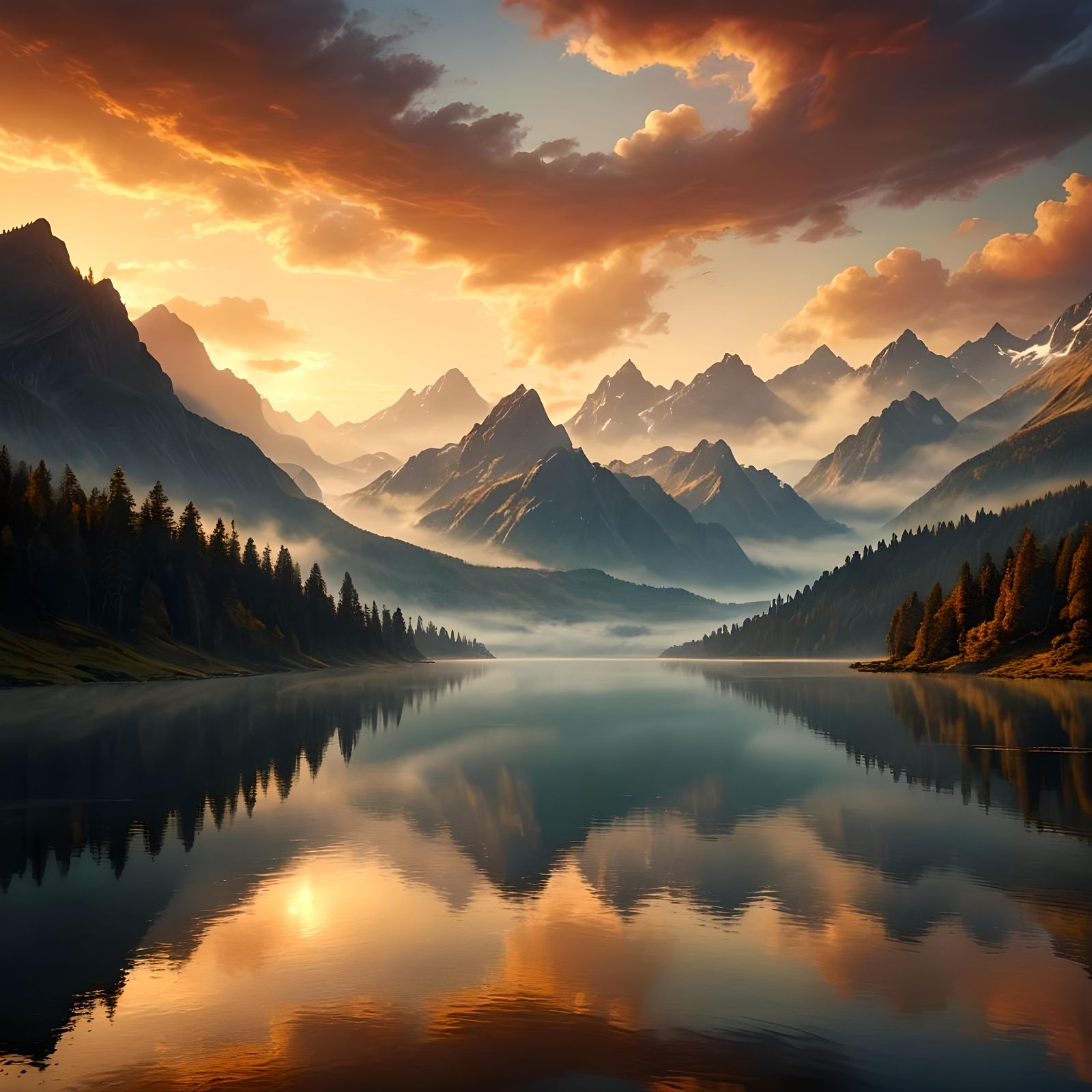 Picturesque Sunset Over Misty Mountains: Digital Painting