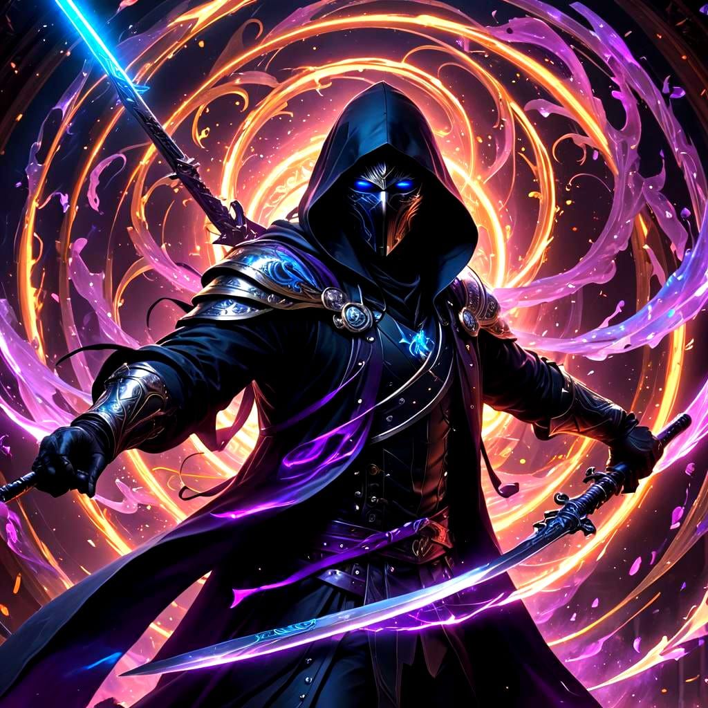 Hooded Swordsman with Glowing Eyes and Purple Light