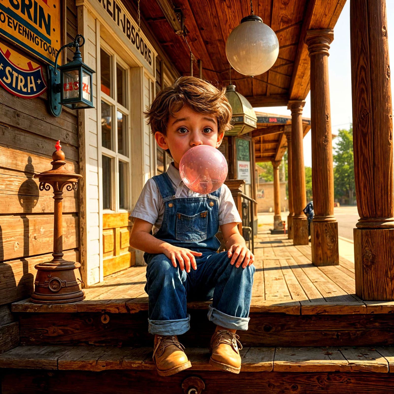 Whimsical 1950s Boy Blows Bubblegum Bubble on Vintage Shop S...