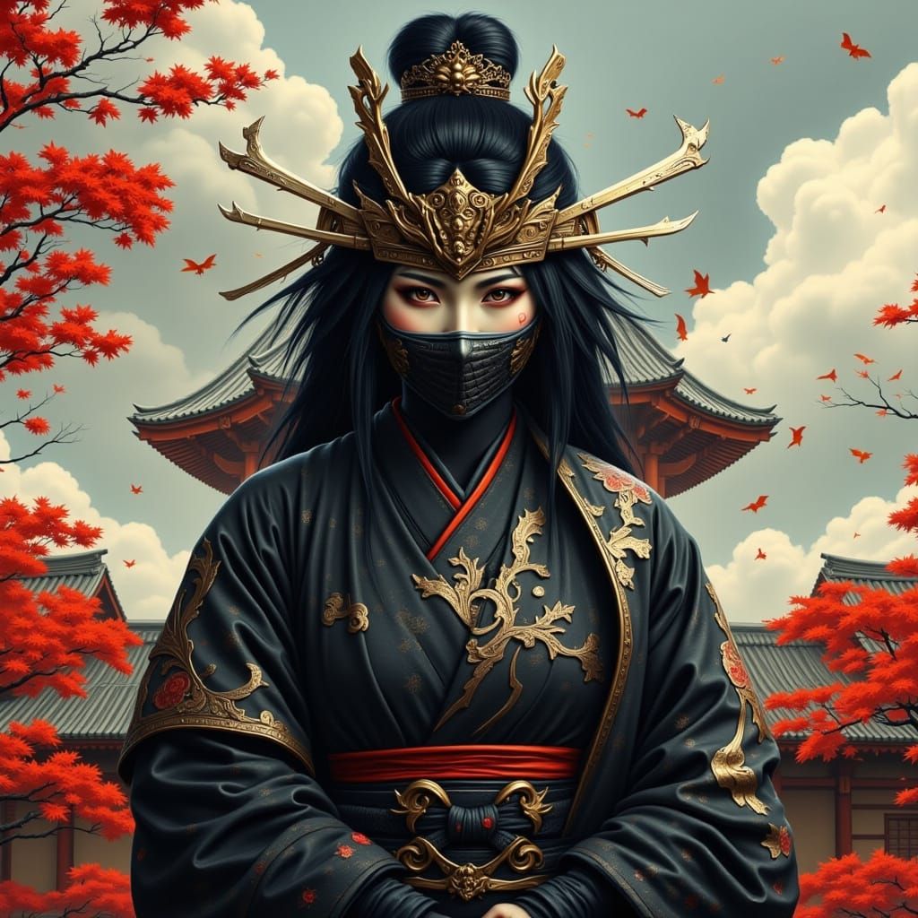 Fierce Masked Ninja on Ancient Japanese Rooftop