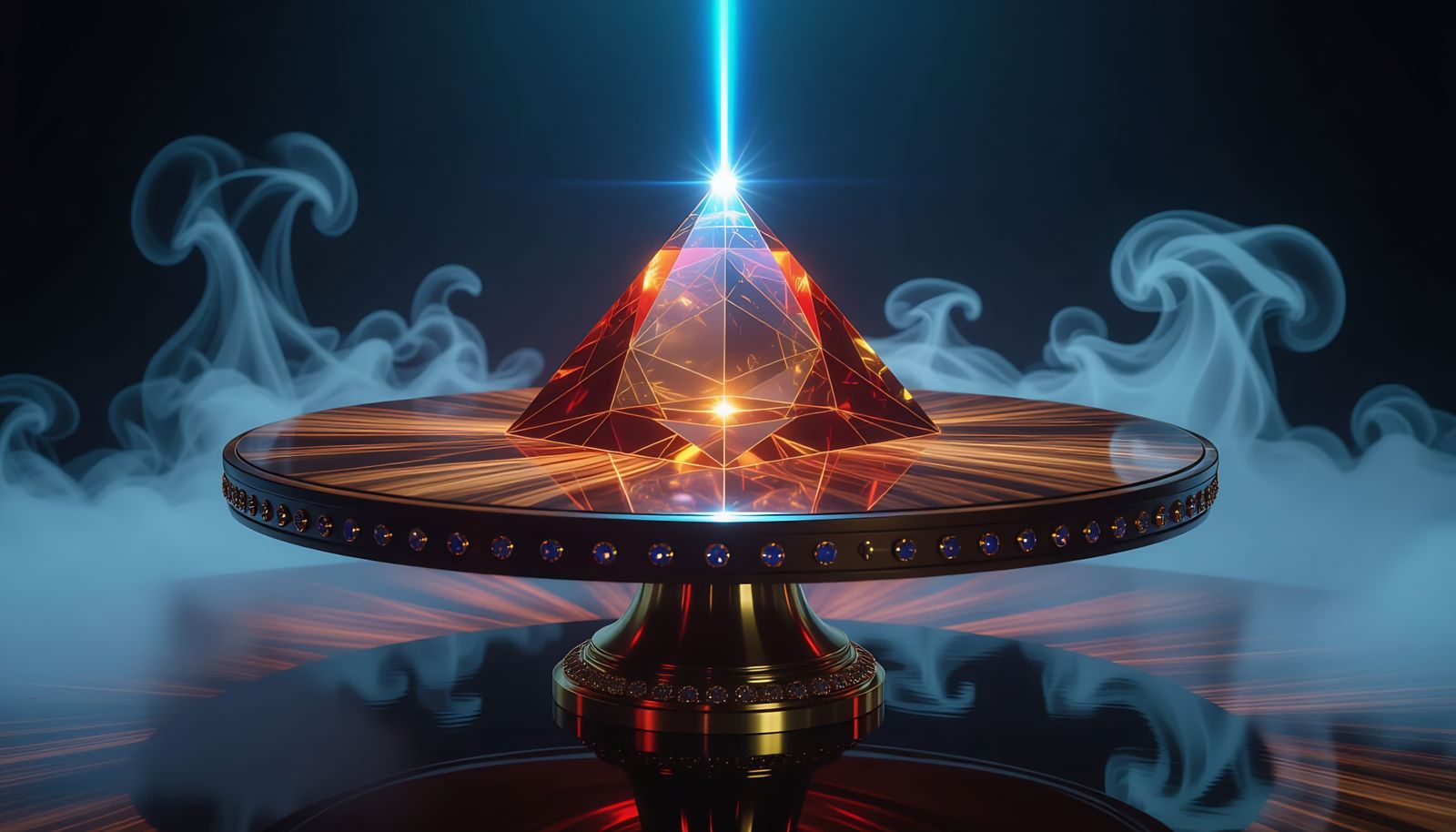 Hyperrealistic Glass Pyramid on Wooden Table