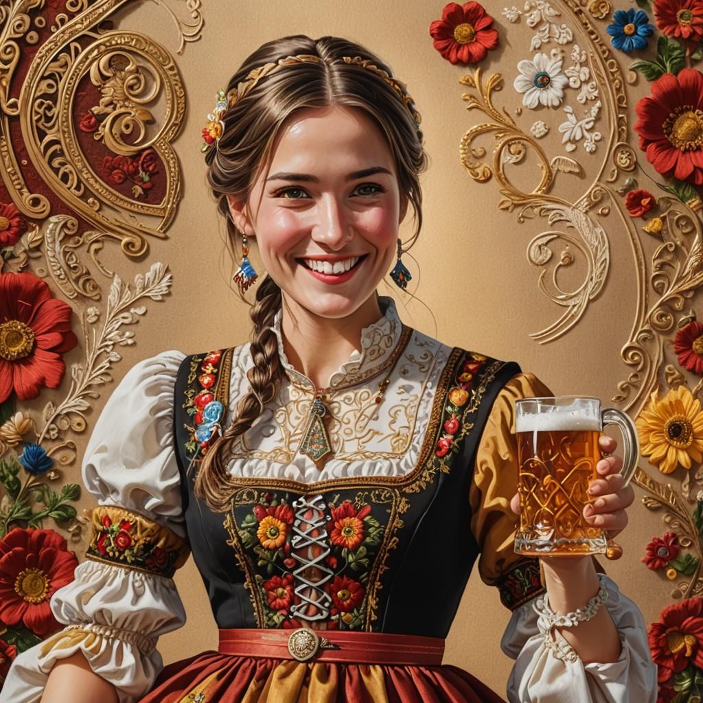 Smiling Bavarian Woman with Beer Stein in Oil Painting