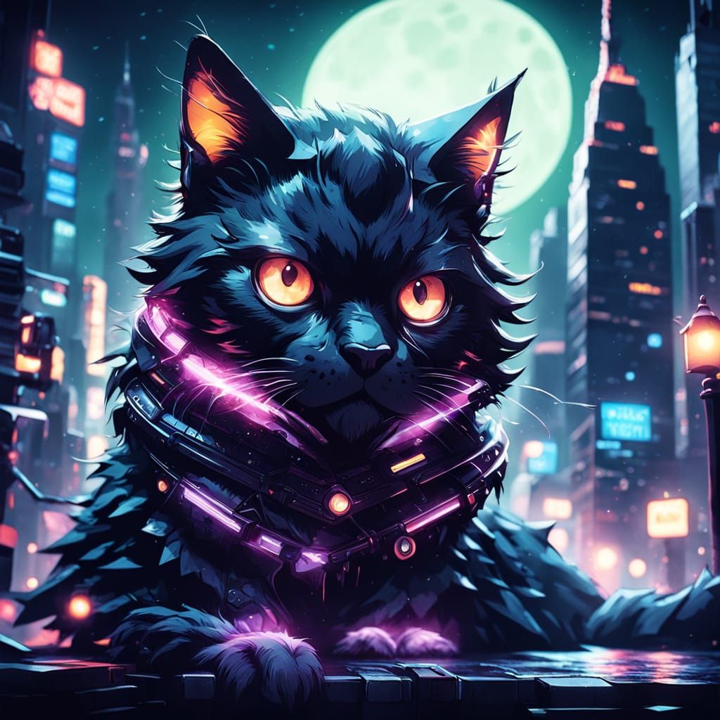 Giant Cat Lounges on Skyscrapers in Cyberpunk Cityscape