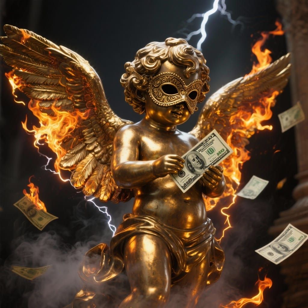 Bronze Cherub Statue with Venetian Mask, Luxury and Power