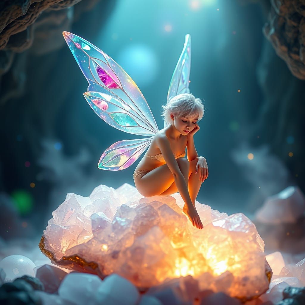 Crystal Fairy with Gem Wings in Pastel Cave