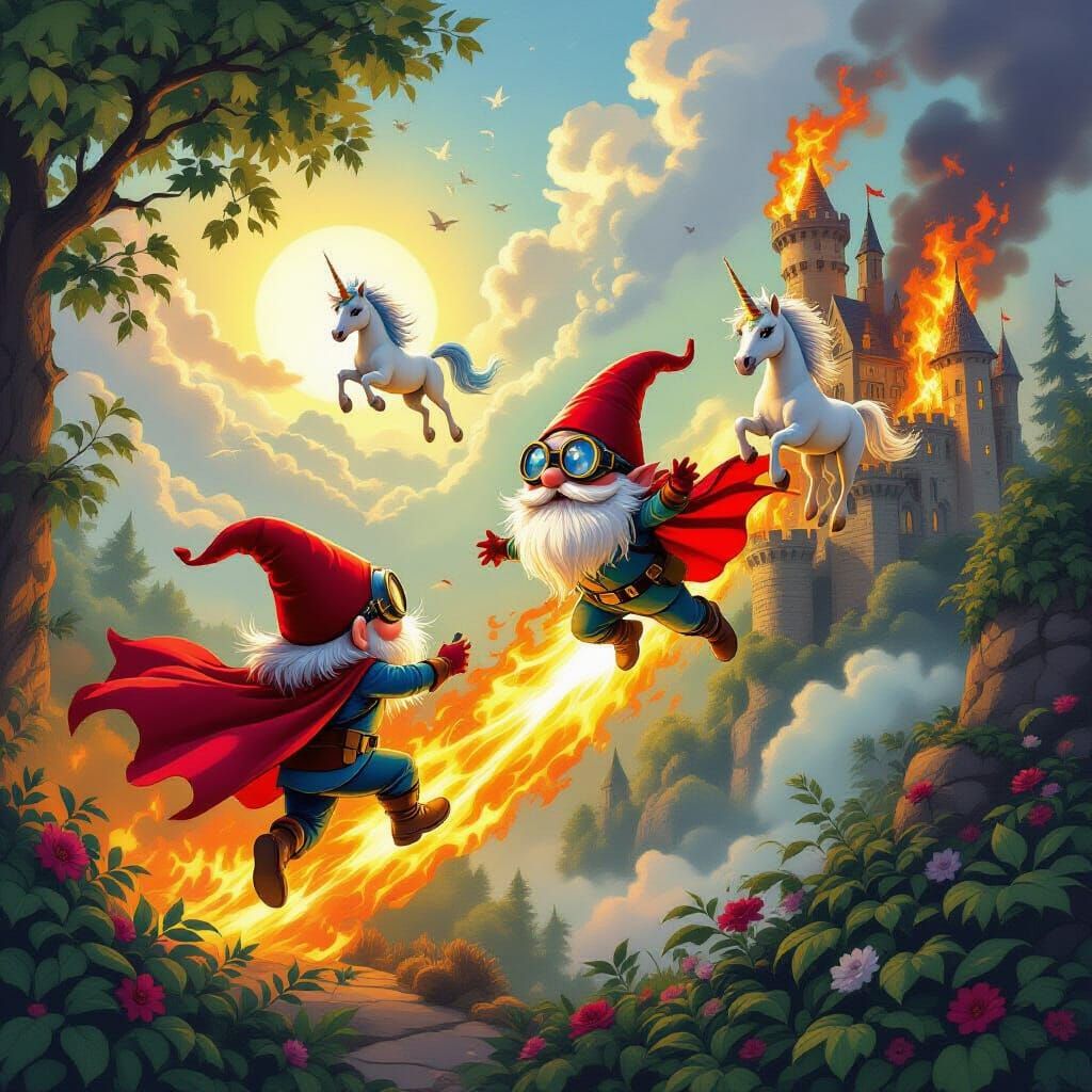 Superhero Gnomes Rescue Unicorns in Comic Book Style