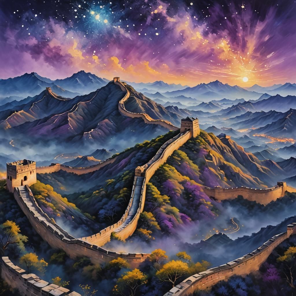Great Wall of China: Oil Painting Under Stars