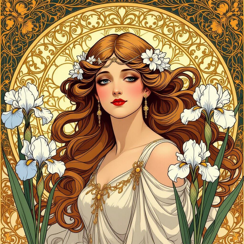 Art Nouveau Woman with Irises in Golden Patterns