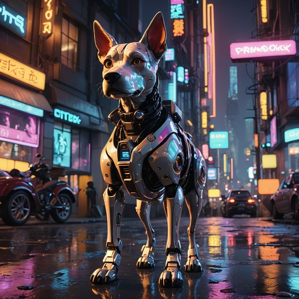 Robot Dog Detective in Neon City, Sci-Fi Film Still