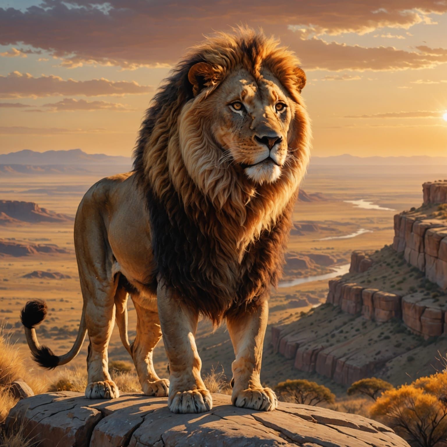 Majestic Lion Overlooking Savannah in Golden Light