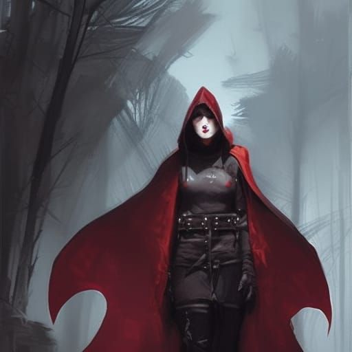 Sinister Red Hooded Huntress in Digital Art Style