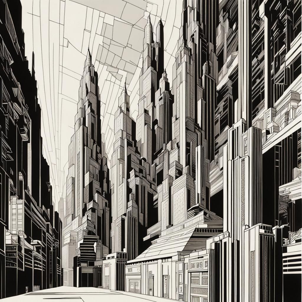 Art Deco Metropolis in Expressive Line Art