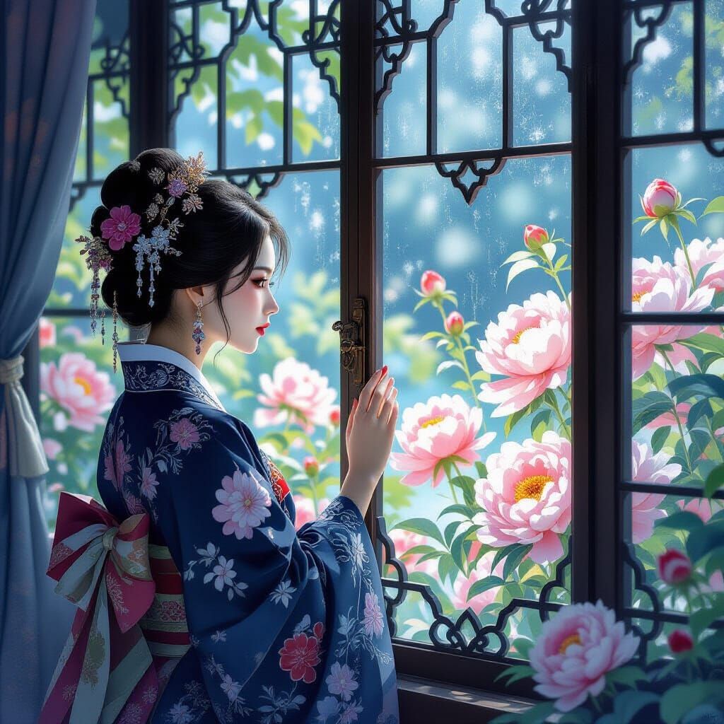 Korean Princess Gazing into a Watercolor Garden