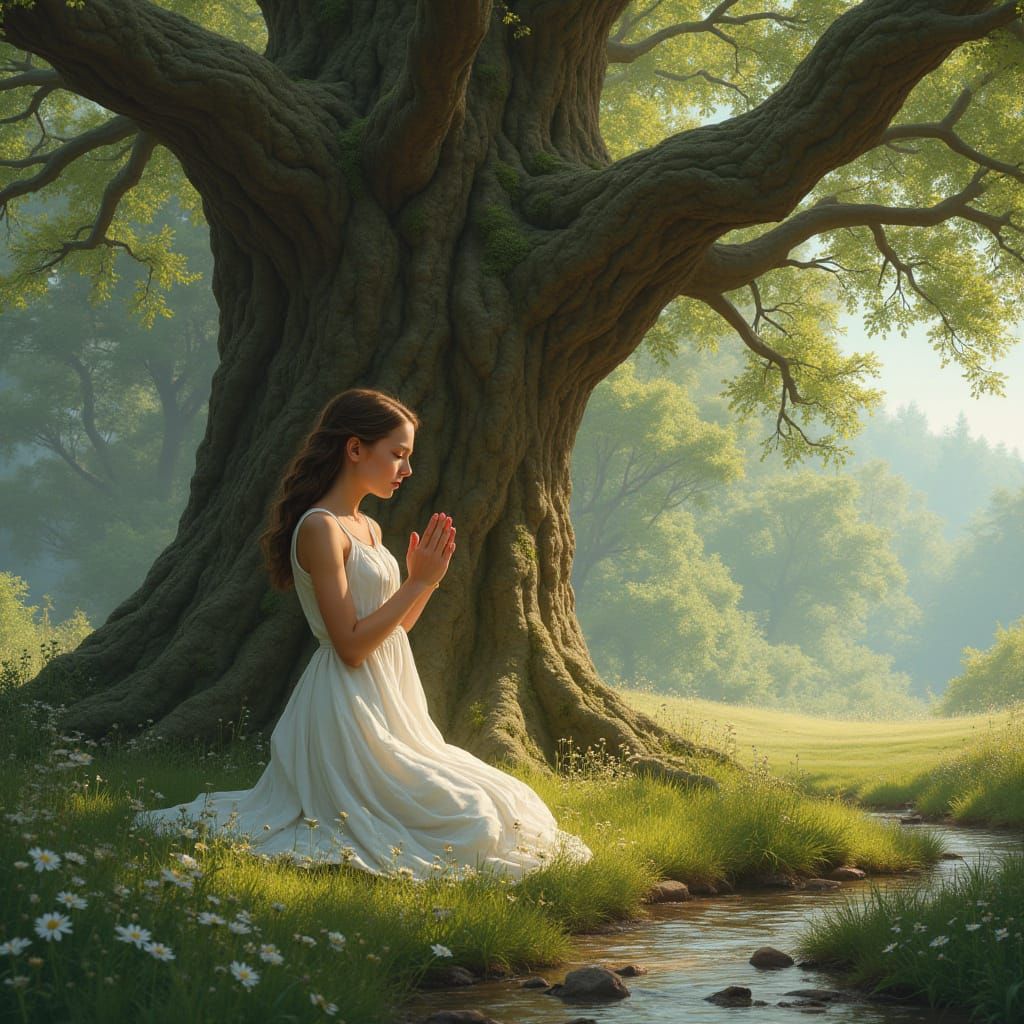 Teenage Girl in Prayer Before Ancient Oak Tree in Serene For...