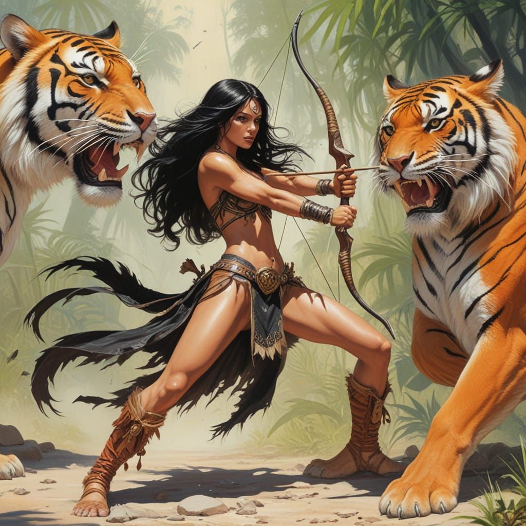 Pale Young Warrior Woman in Epic Tropical Battle