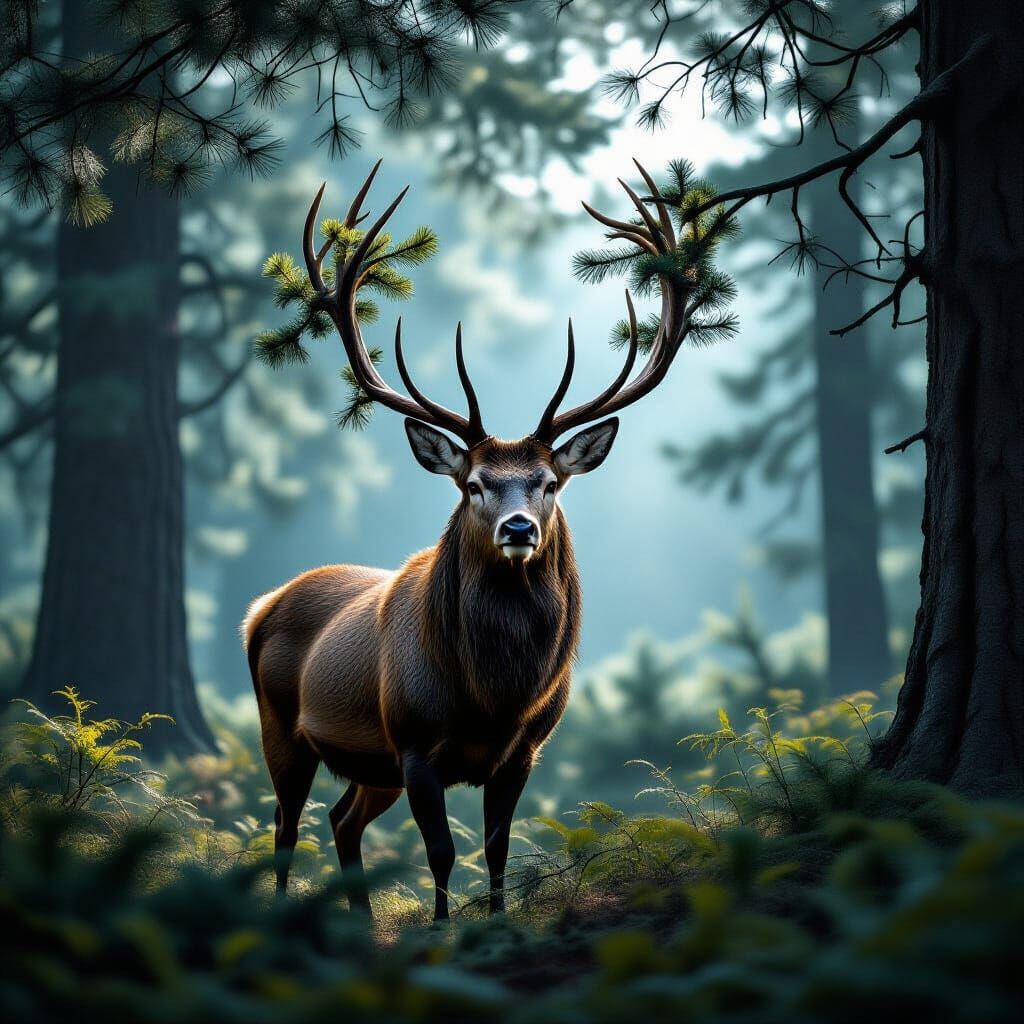 Majestic Stag Crowned with Pine in Moody Forest