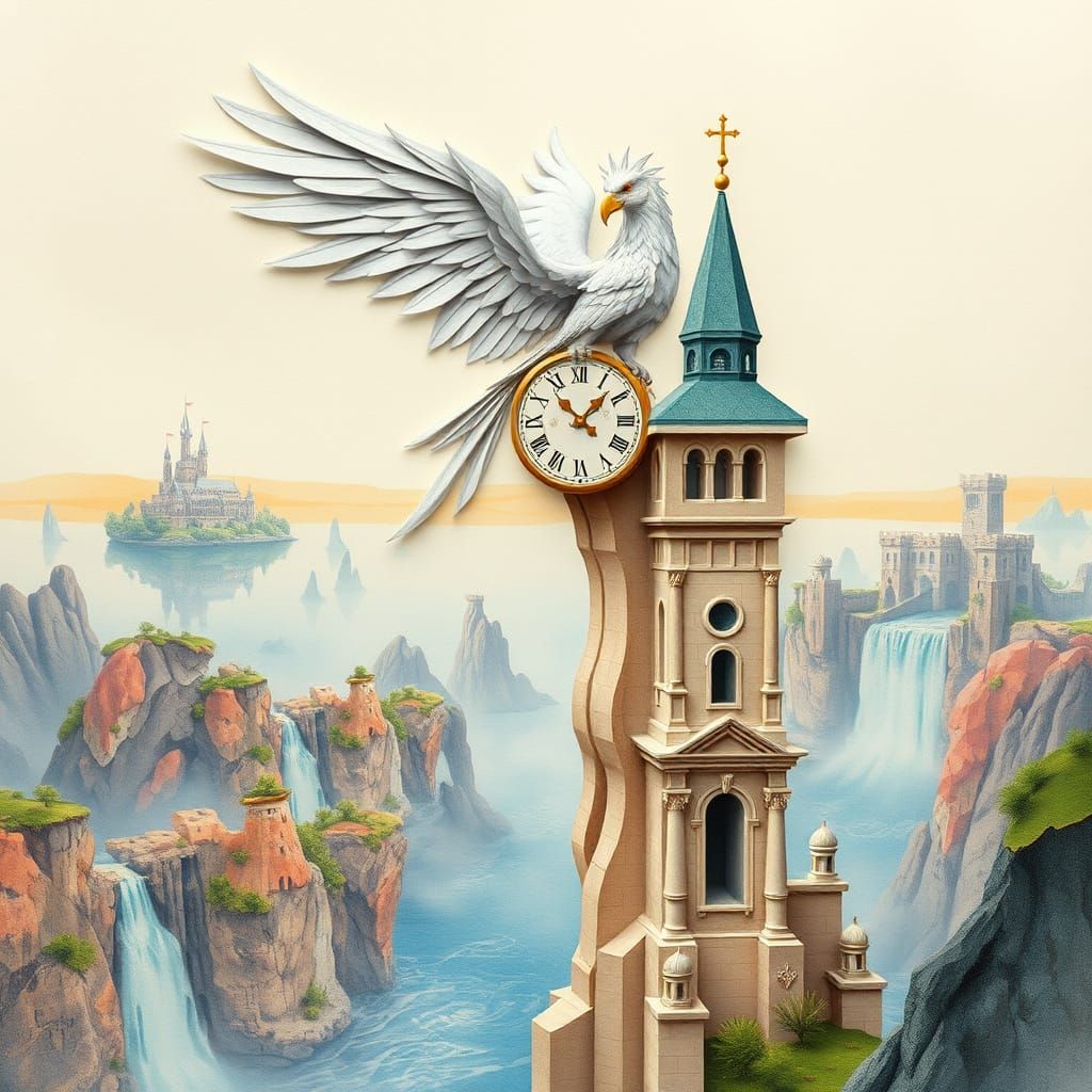 Griffin on Melting Clock Tower in Surreal Landscape
