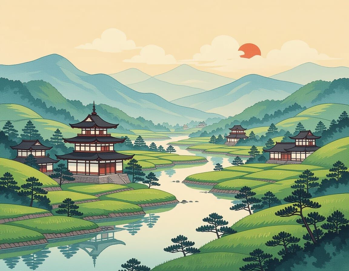 Ancient Japan Landscape in Exquisite Yamato-e Style