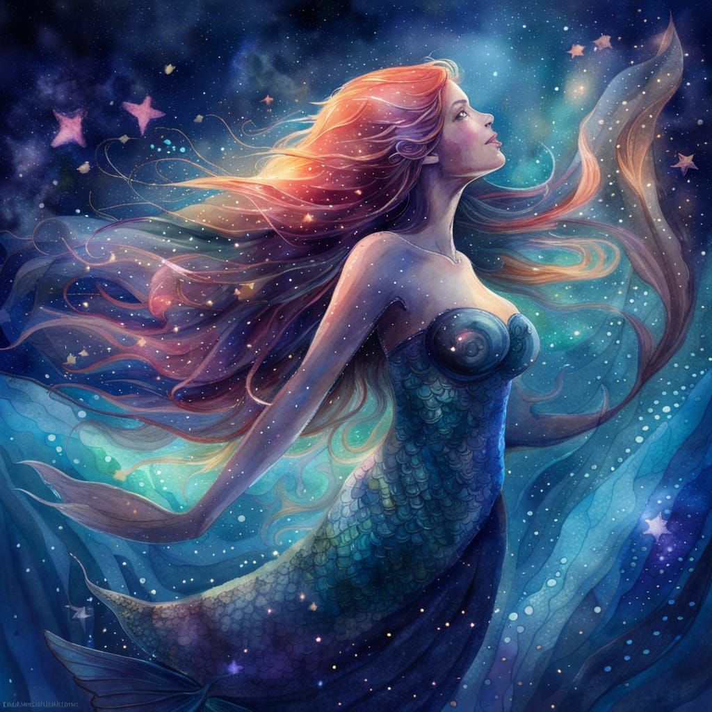 Ethereal Mermaid Emerges from Starry Sea as Watercolor