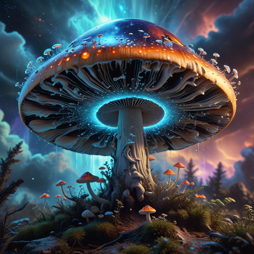 Surreal Cosmic Mushroom with Portal to Another Realm