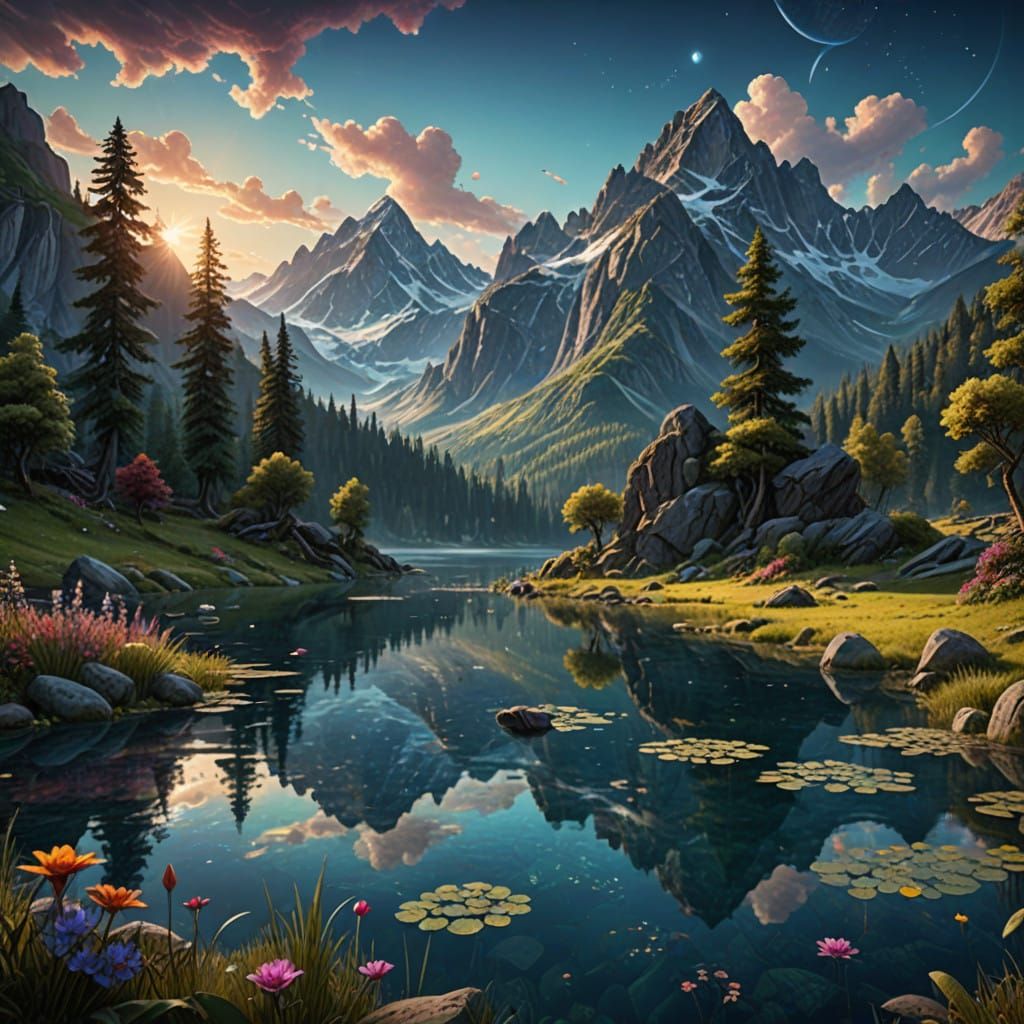 Majestic Alpine Lake Elegance in Dreamlike Fantasy Landscape...