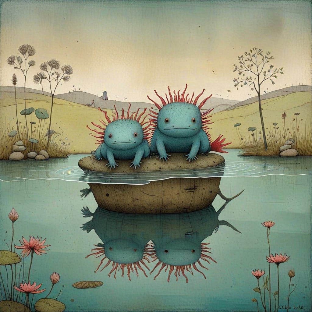 Whimsical Axolotls in Poetic Minimalist Style
