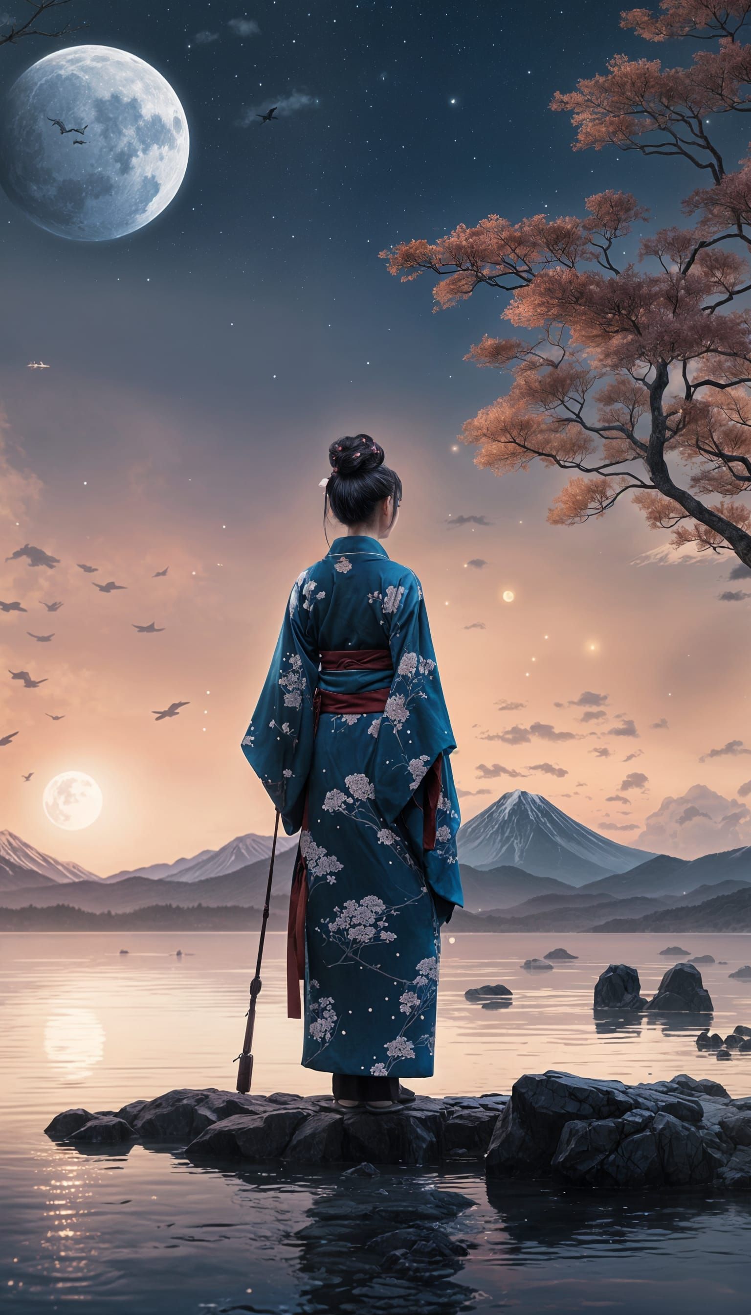 Moonlit Kimono Lady Contemplates Serene Fantasy Lake