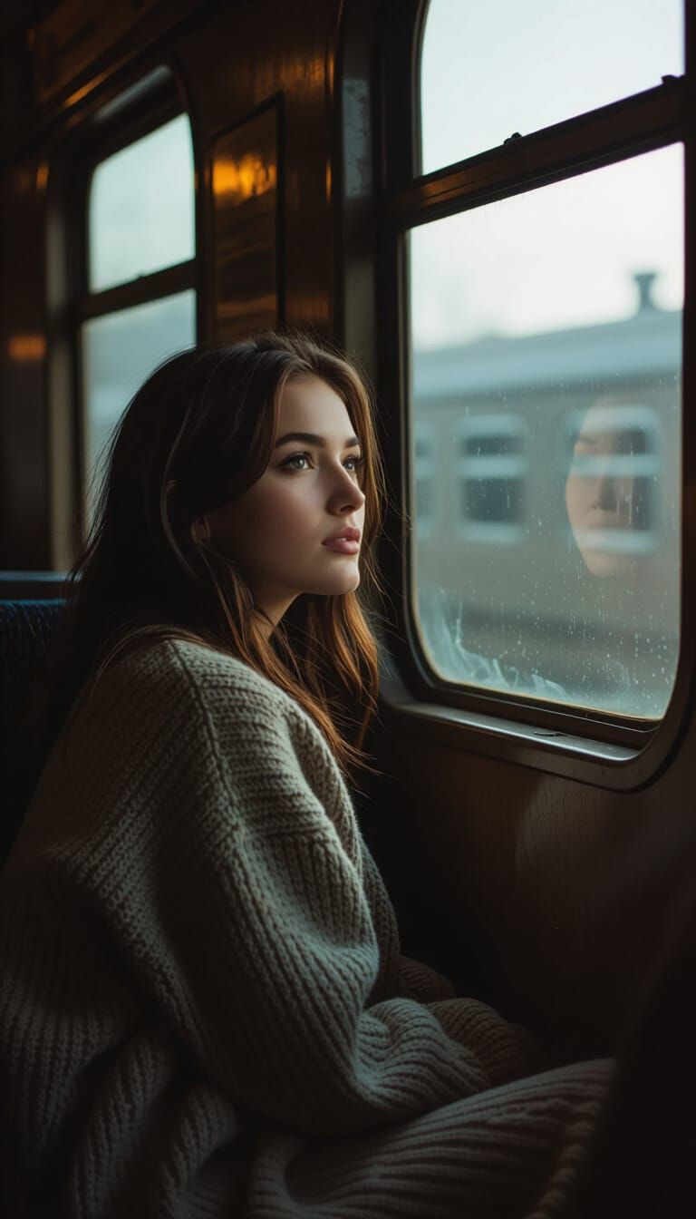 Intriguing Woman Turns on Train, Cinematic Film Still