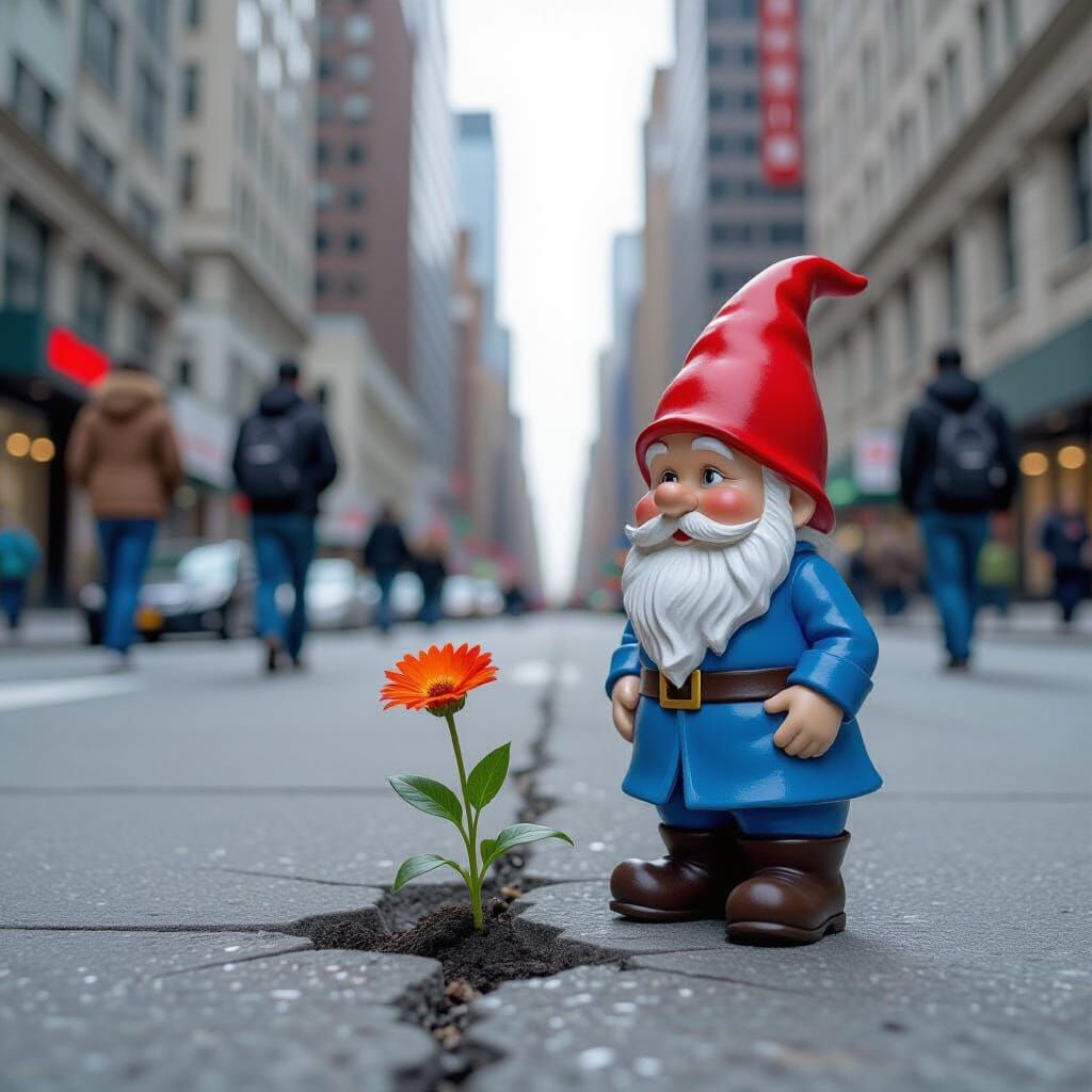 Garden Gnome Protects Flower on City Sidewalk, Photorealisti...