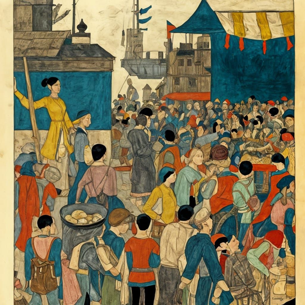 Colour Woodcut print.