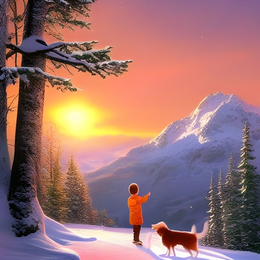 Boy and Dog Watch Snowy Mountain Sunrise