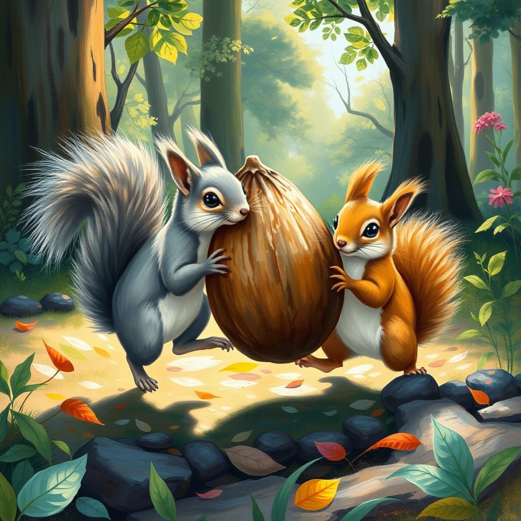 Two Adorable Squirrels Carry Massive Nut in Impressionist Fo...