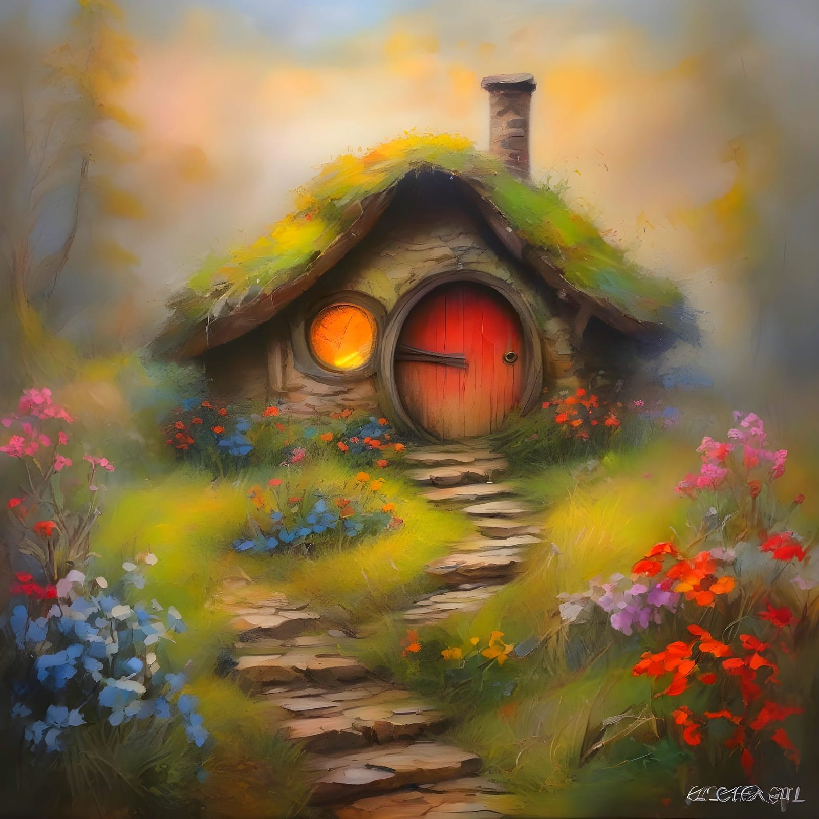 Charming Hobbit House Amidst Whimsical Foggy Landscape