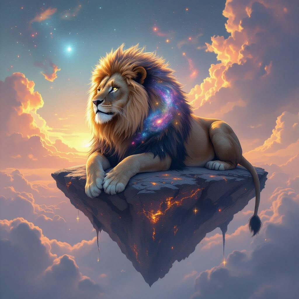Galactic Lion King on Floating Mountain, Digital Painting