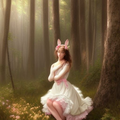 Girl with Bunny Ears in Misty Forest