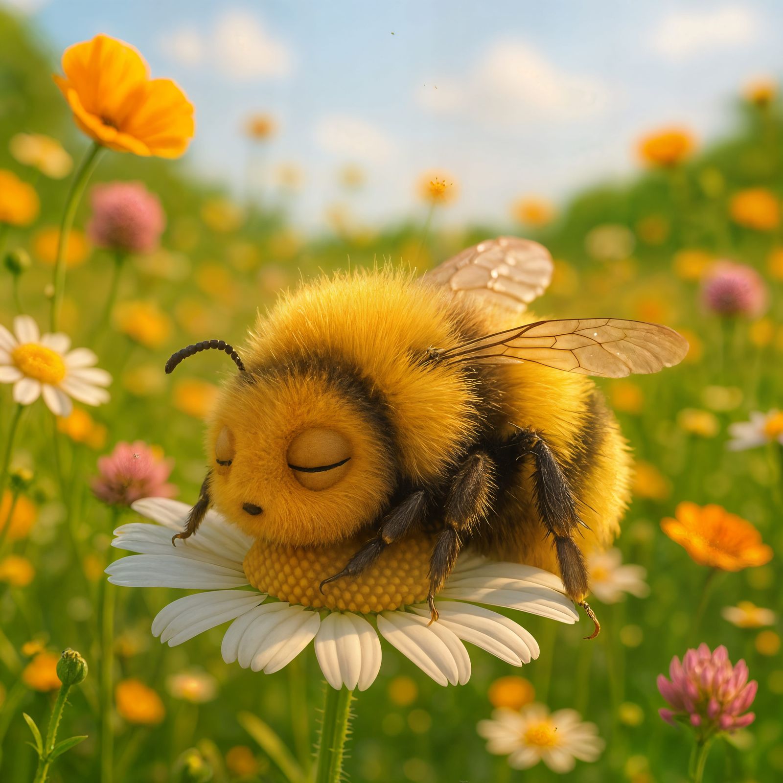 Adorable CGI Bumblebee in Sunny Flower Field
