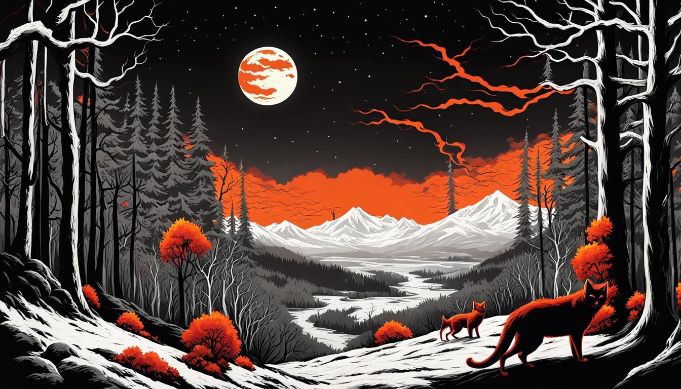 Haunting Hellscape with Demon Cats and Red Moon