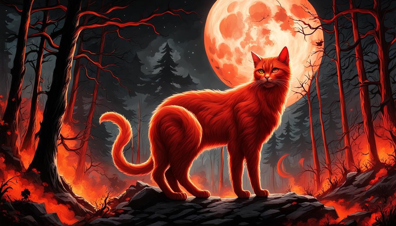 Haunting Hellscape with Demon Cats and Red Moon