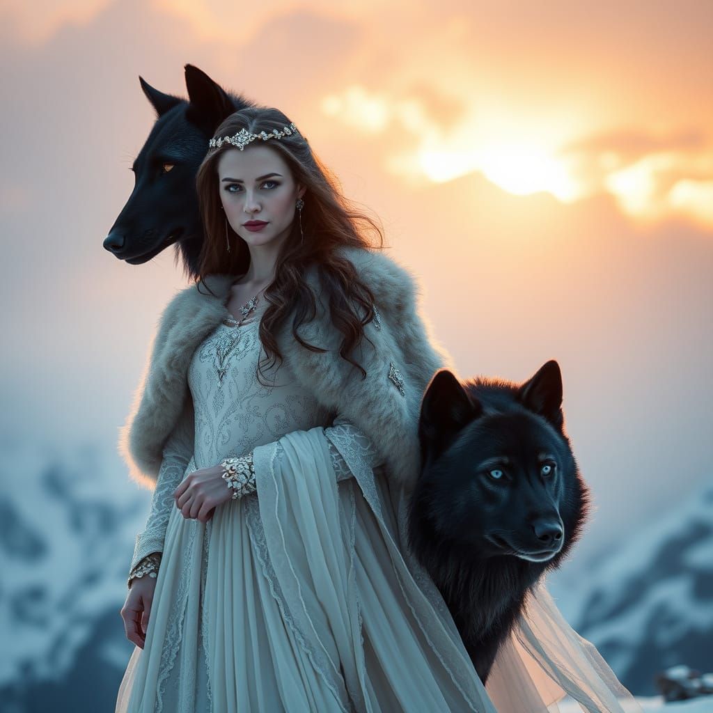 Regal Nordic Princess Stands Beside Majestic Black Wolf in D...